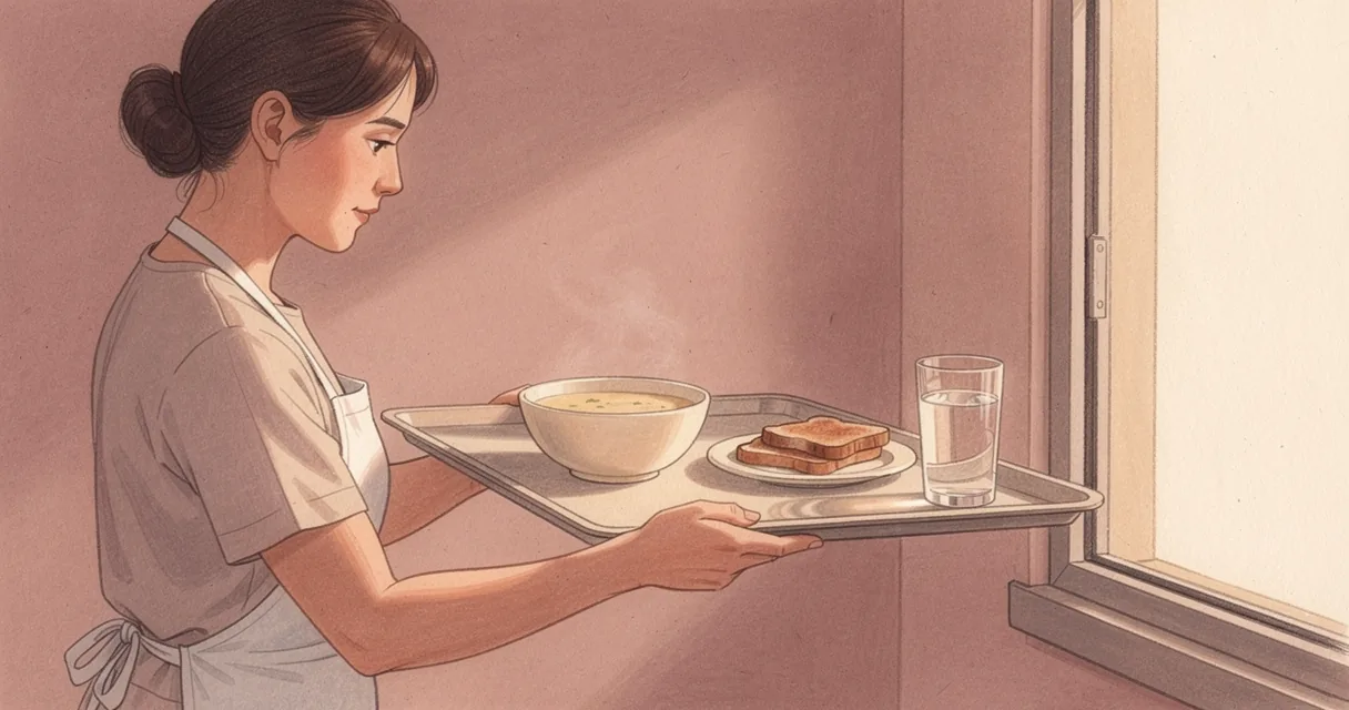 A hospital catering worker holds a tray with soup, toast and water at a kitchen hatch.