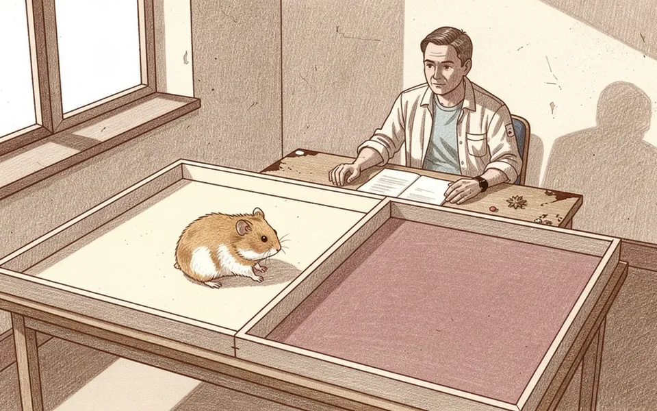 A Syrian hamster explores connected compartments while a technician observes nearby.
