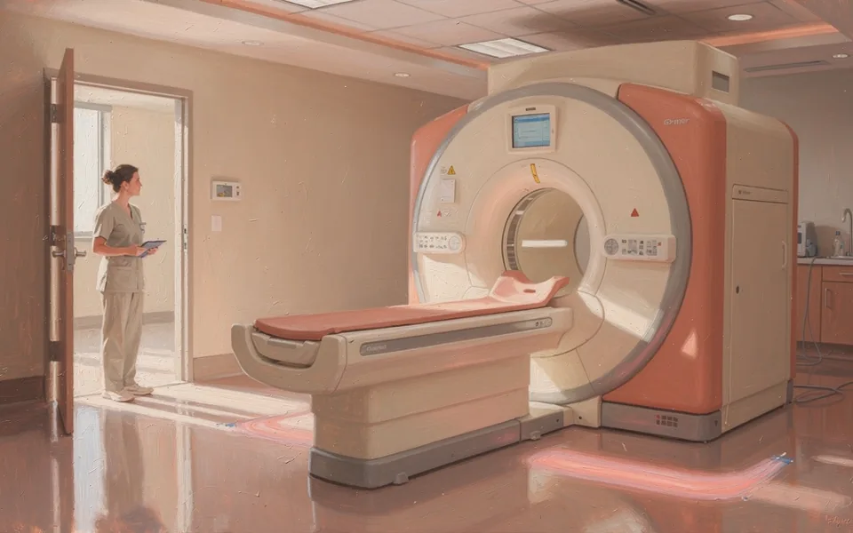 A technician prepares an empty MRI scanner in a pale rose room.