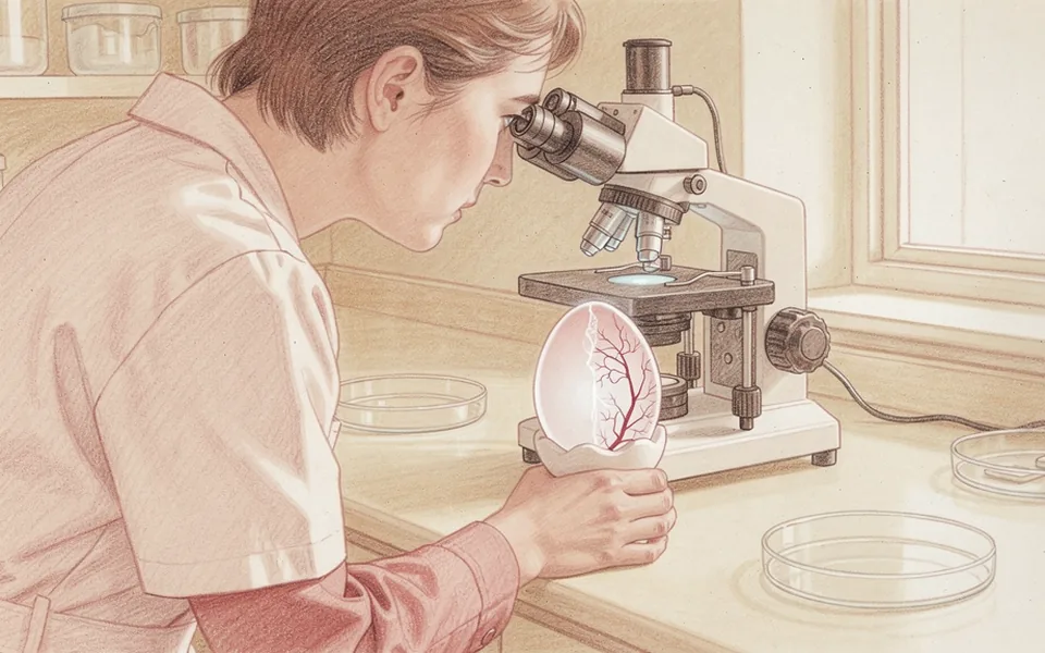 A technician examines an eggshell membrane beneath a stereo microscope.