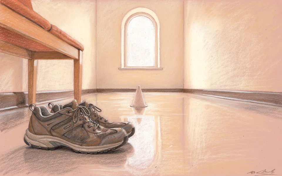 Plain walking shoes rest beside a bench along a bright indoor corridor.